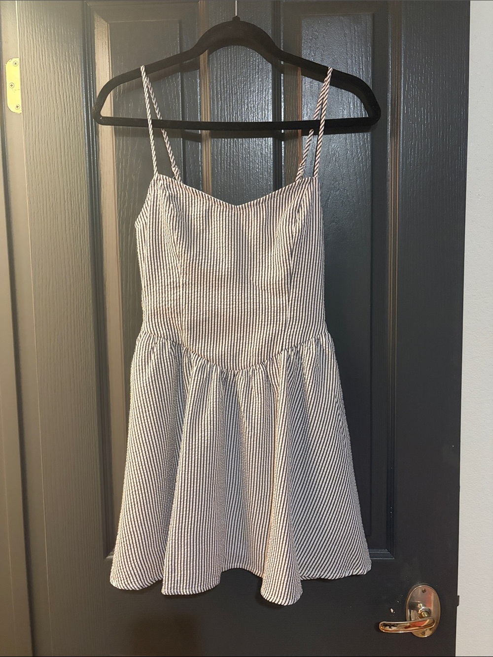 Altar'd State Navy & White Seersucker Spaghetti Strap Mini Dress